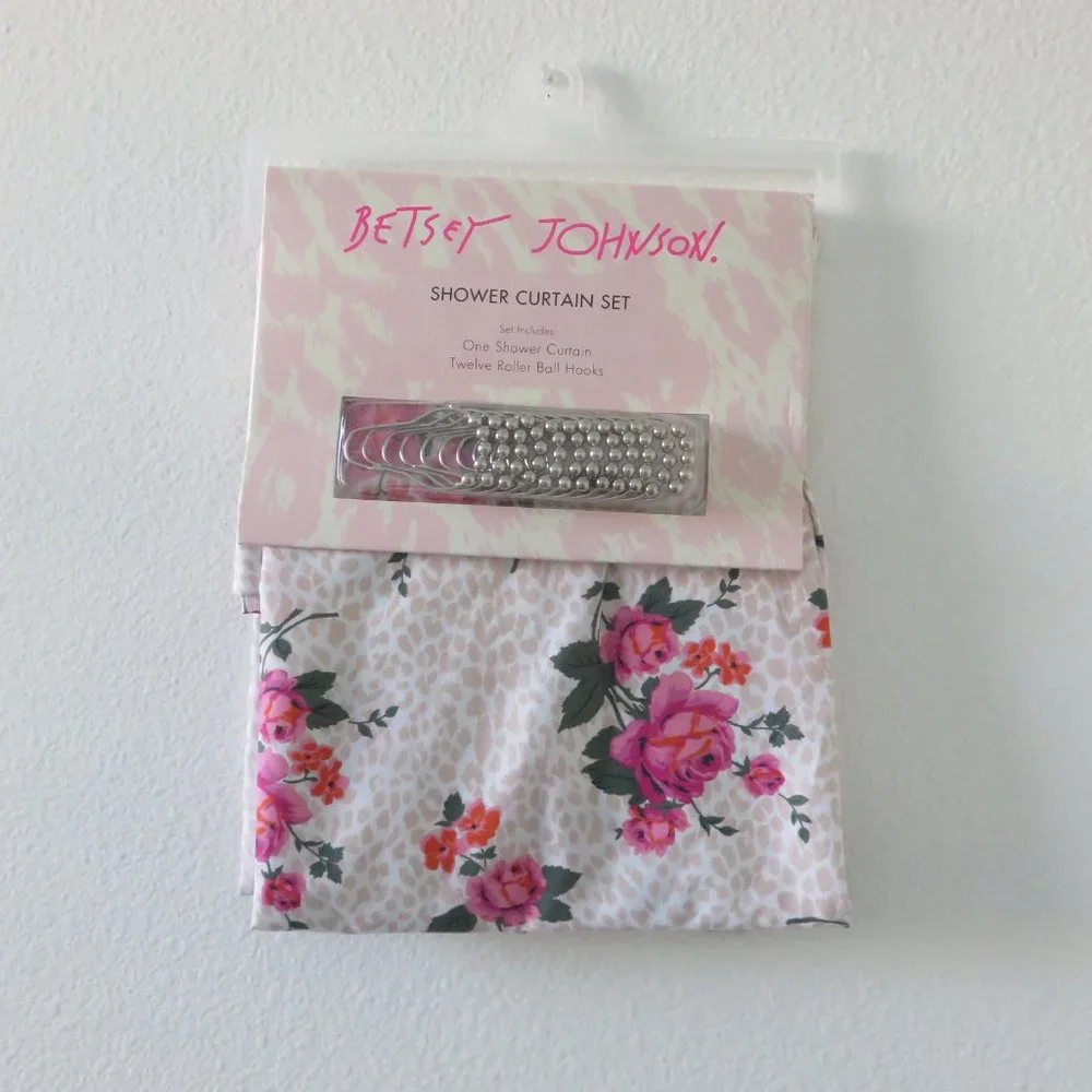 (#A) Betsey Johnson Floral  Leopard Shower Curtain and 12 Ball Hooks
